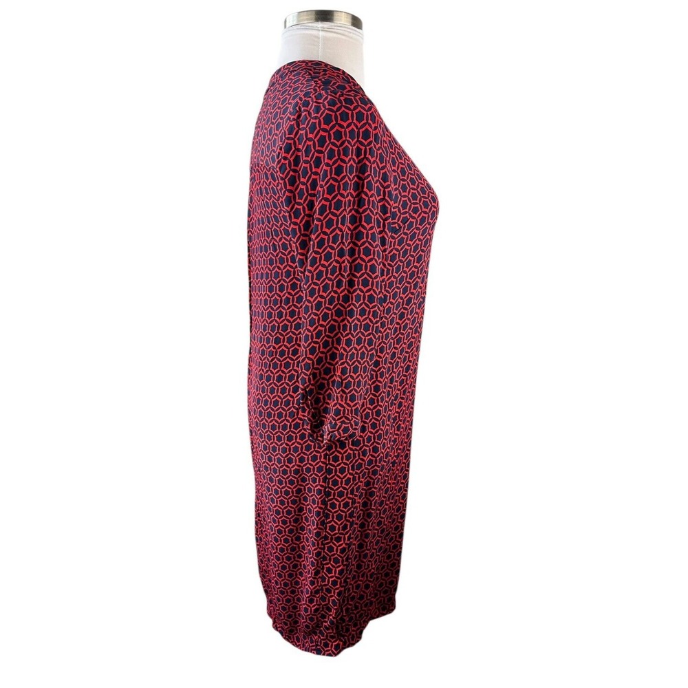 Boden V-Neck Geo Print 3/4 Sleeve Shift Dress Red & Navy Size 10 *Missing Belt* - Picture 10 of 16